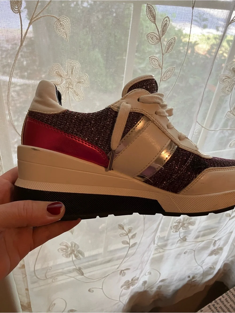 Michael Kors Burgundy Glitter Lace-Up Sneakers with White Trim
